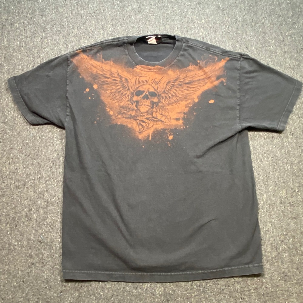 Miami Ink TShirt Sz XL Mens Black Grunge Tattoo Skull Wings‎ Discovery 2008